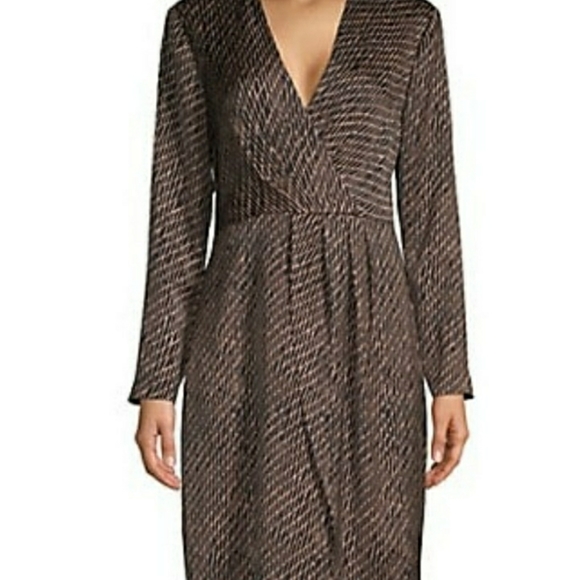 FAUX WRAP SATIN FIT & FLARE DRESS - Picture 1 of 6